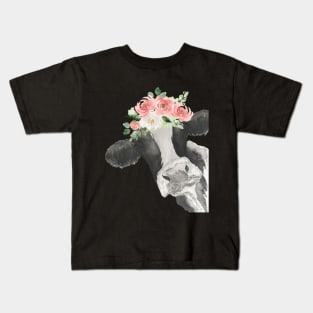 Watercolor Cow with Floral Crown Kids T-Shirt